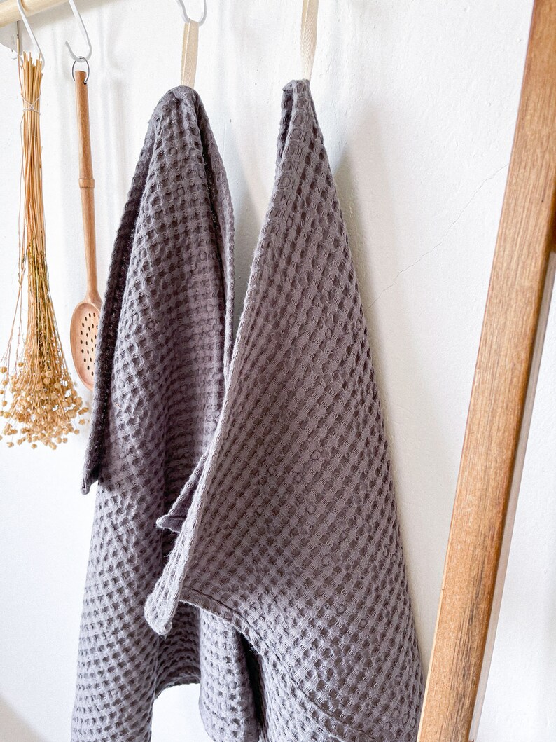 Waffle Kitchen Towel in Dark Gray, Washed Linen Cotton Kitchen Towel, Sustainable Dish Towel, Boho Kitchen Decor image 3