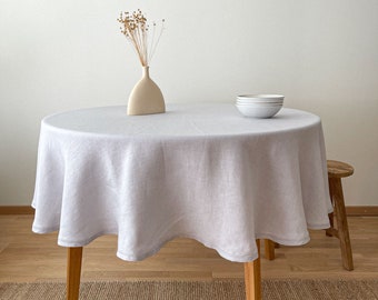 Light Gray Linen Tablecloth, Washed Circle Table Linen with Hemstitch, Sustainable Table Decor