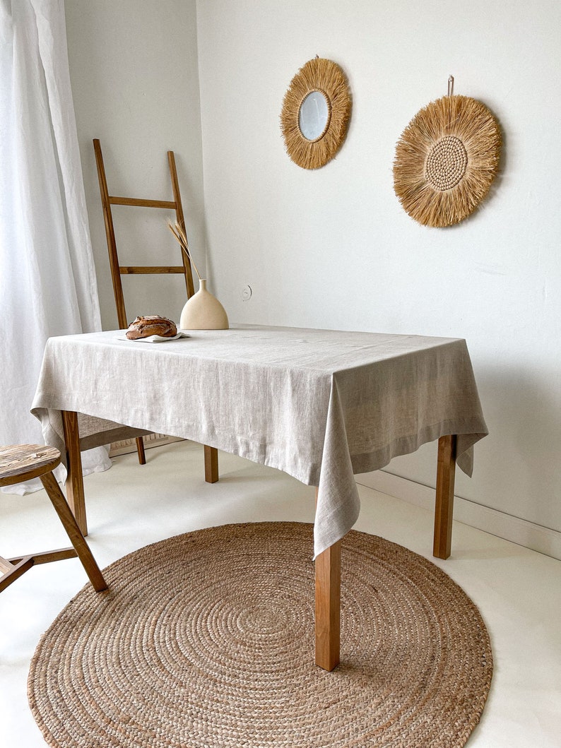 Handmade Linen Tablecloth, Vintage Tablecloth, Boho Table Cover, Farmhouse Tablecloth, European Flax Tablecloth Beige