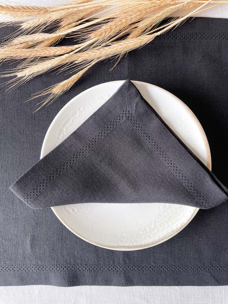 Black Linen Table Napkins with Hemstitch and Mitered Corners, Cloth Napkins Set, Minimalist Linen Table Design image 1