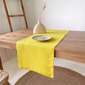 Linen Table Runner with Mitered Corners, Sustainable Table Decor in Various Sizes and Colors Yellow