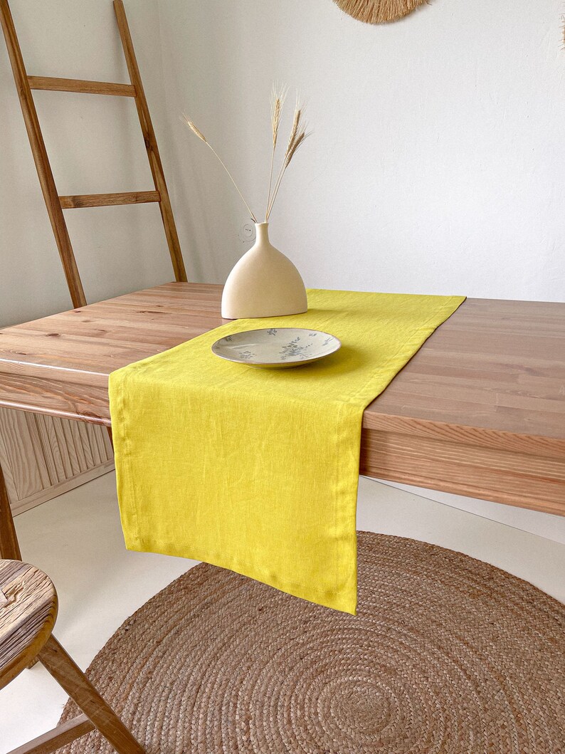 Linen Table Runner with Mitered Corners, Sustainable Table Decor in Various Sizes and Colors Yellow