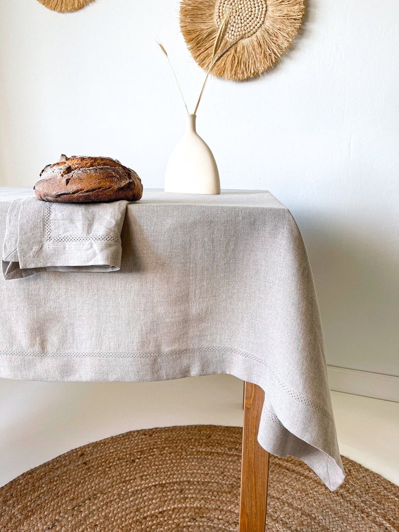 Beige Linen Tablecloth with Hemstitch, Natural Flax Table Decor, Rectangular, Square in Various Sizes image 2