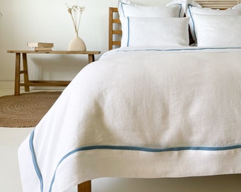 White Bordered Linen Duvet Cover with Blue Trim, Linen Bedding with Edge, Oxford Bed Linen