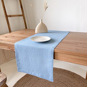 Linen Table Runner with Mitered Corners, Sustainable Table Decor in Various Sizes and Colors Blue