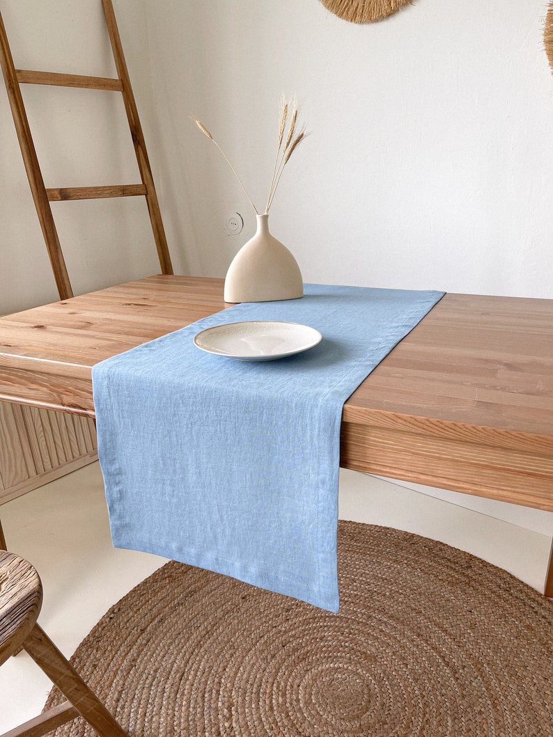 Linen Table Runner with Mitered Corners, Sustainable Table Decor in Various Sizes and Colors Blue