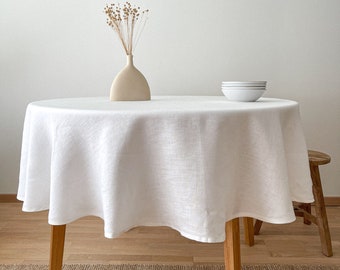 Round Washed Linen Tablecloth in Off white, Soft Circle Table Linen with Hemstitch, Sustainable Table Decor