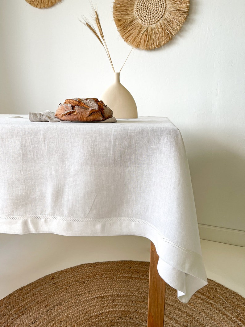 Natur Leinen Tischdecke mit Hohlsaum, Beige Tisch Dekor, Rechteckig, Quadratisch in Verschiedenen Größen Off White