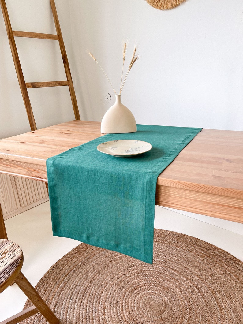 Linen Table Runner with Mitered Corners, Sustainable Table Decor in Various Sizes and Colors Green