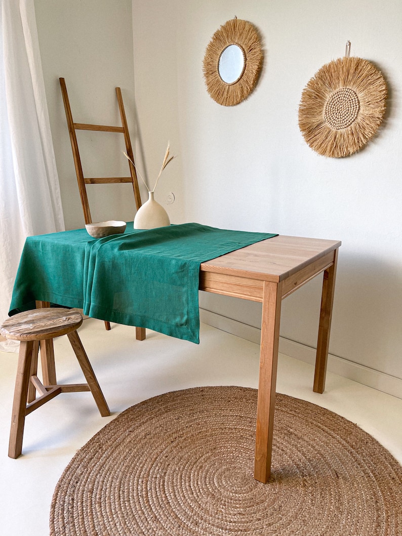 Forest Green Linen Tablecloth with Hemstitch, Handmade Table Cover, Rectangular, Square, Custom in Various Sizes image 4