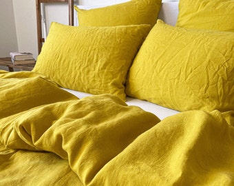 Linen Bedding set in Yellow (3 PCS), Duvet Cover and Two Pillowcases, Queen, King, Custom Sizes