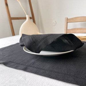 Black Linen Table Napkins with Hemstitch and Mitered Corners, Cloth Napkins Set, Minimalist Linen Table Design image 4