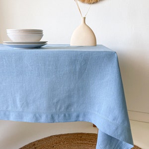 Washed Linen Tablecloth with Hemstitch, Vintage Table Cover, Rectangular, Square, Small, Large, Custom in Various Sizes and Colors Blue