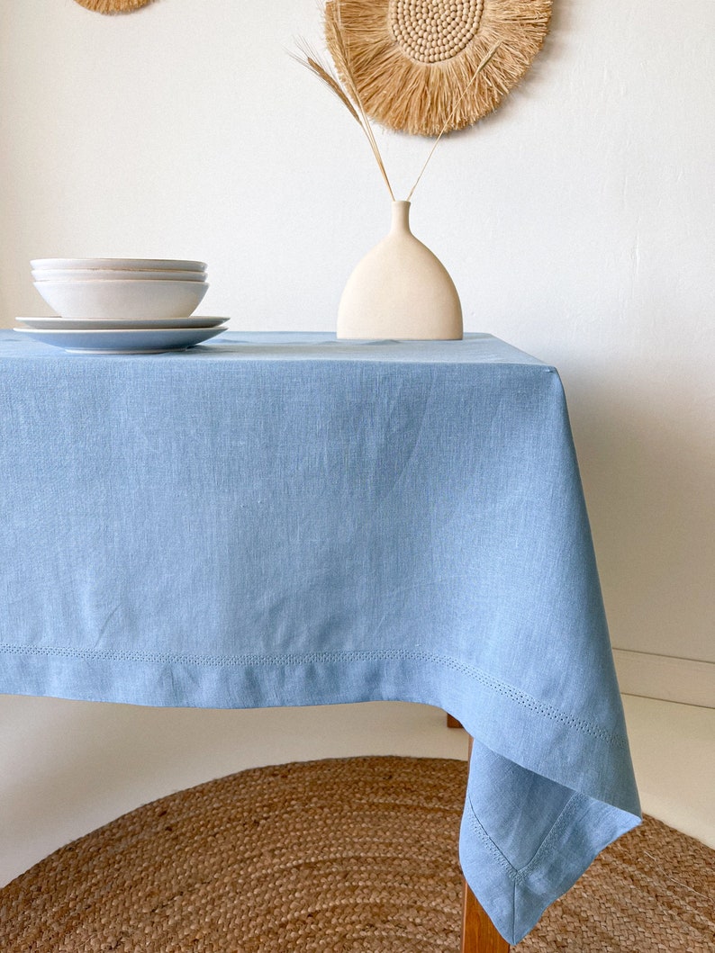 Washed Linen Tablecloth with Hemstitch, Vintage Table Cover, Rectangular, Square, Small, Large, Custom in Various Sizes and Colors Blue