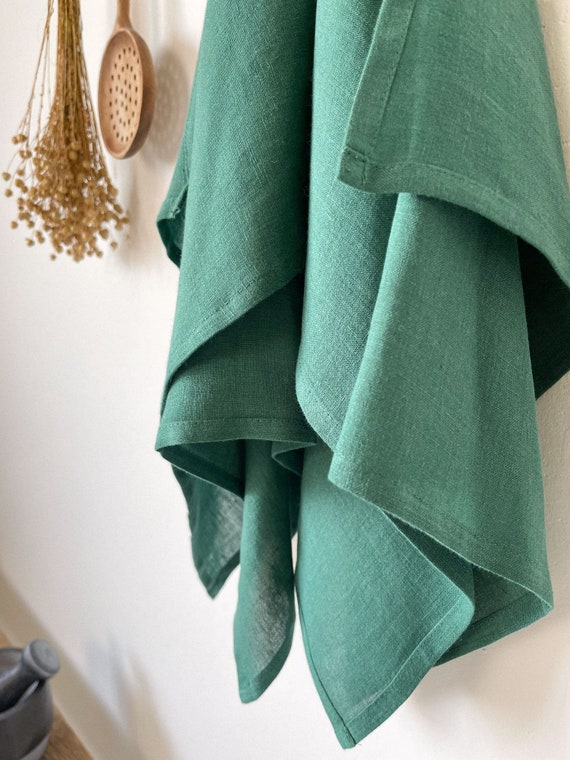 Linen Tea Towel in Dark Green, Washed Linen Kitchen Towel