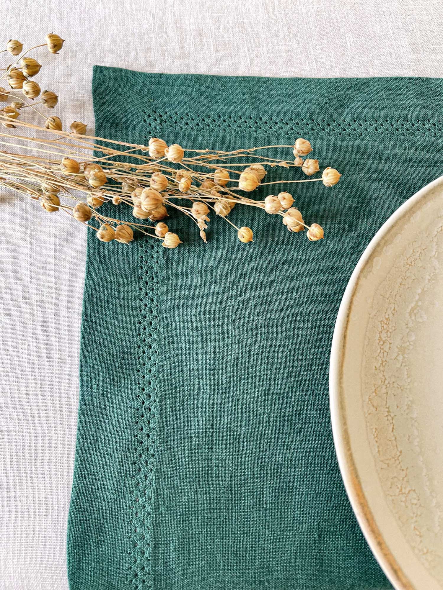 Hemstitch Dark Green Linen Table Placemats Forest Placemats Etsy