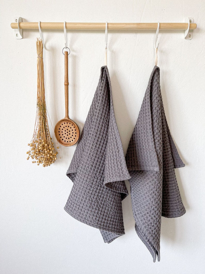 Waffle Kitchen Towel in Dark Gray, Washed Linen Cotton Kitchen Towel, Sustainable Dish Towel, Boho Kitchen Decor image 1