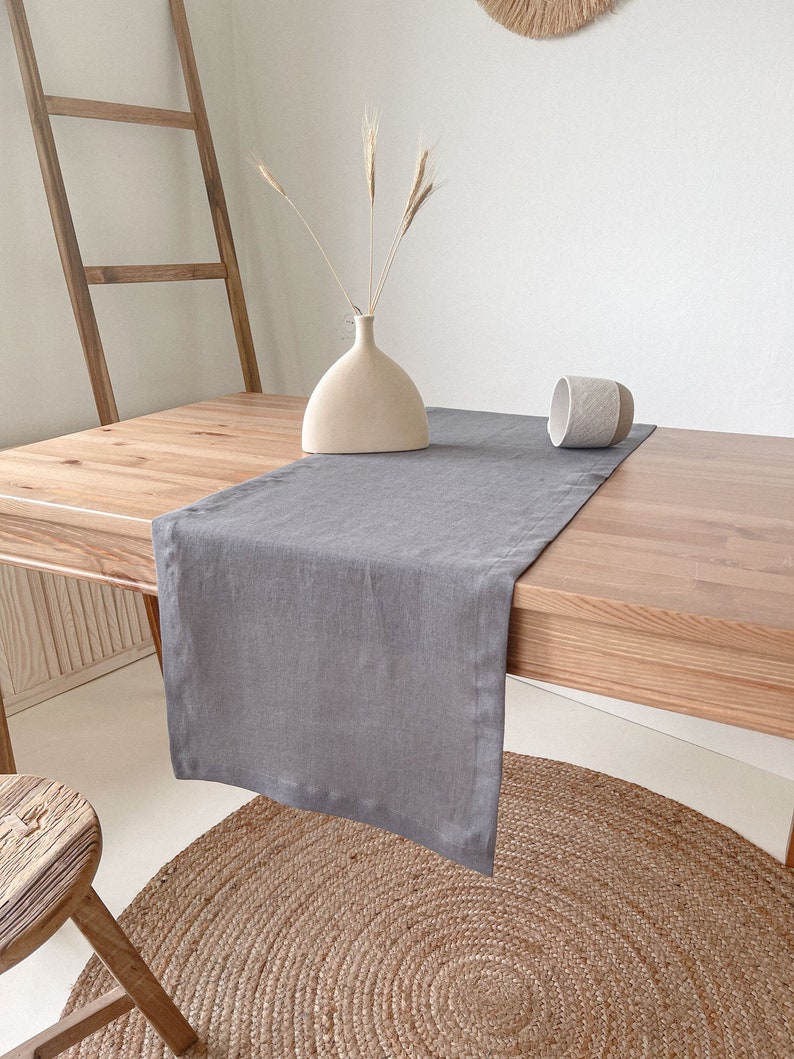 Linen Table Runner with Mitered Corners, Sustainable Table Decor in Various Sizes and Colors Gray