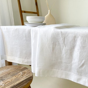 Washed Linen Tablecloth with Hemstitch, Vintage Table Cover, Rectangular, Square, Small, Large, Custom in Various Sizes and Colors White