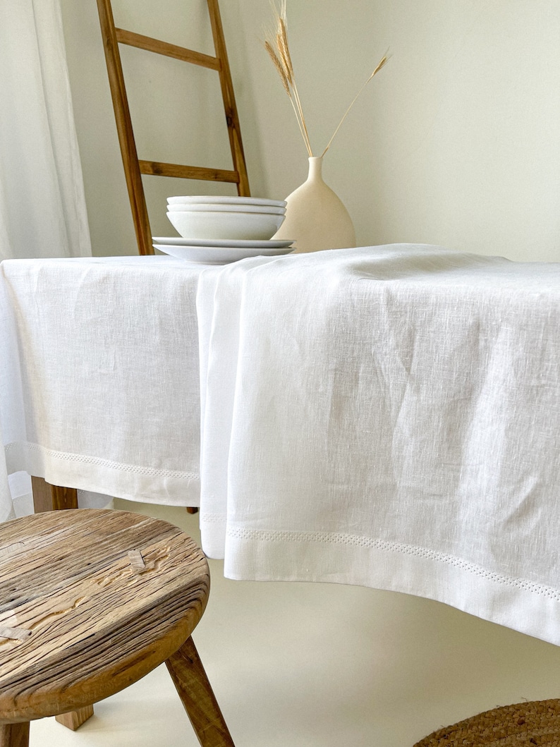 Washed Linen Tablecloth with Hemstitch, Vintage Table Cover, Rectangular, Square, Small, Large, Custom in Various Sizes and Colors White