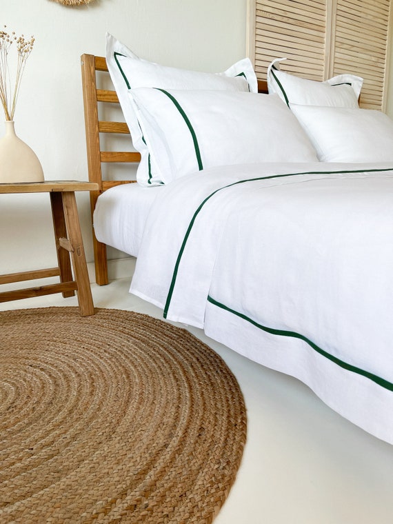 White Bordered Linen Duvet Cover With Green Trim Linen Bedding
