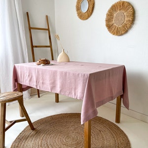 Handmade Linen Tablecloth, Vintage Tablecloth, Boho Table Cover, Farmhouse Tablecloth, European Flax Tablecloth Pink