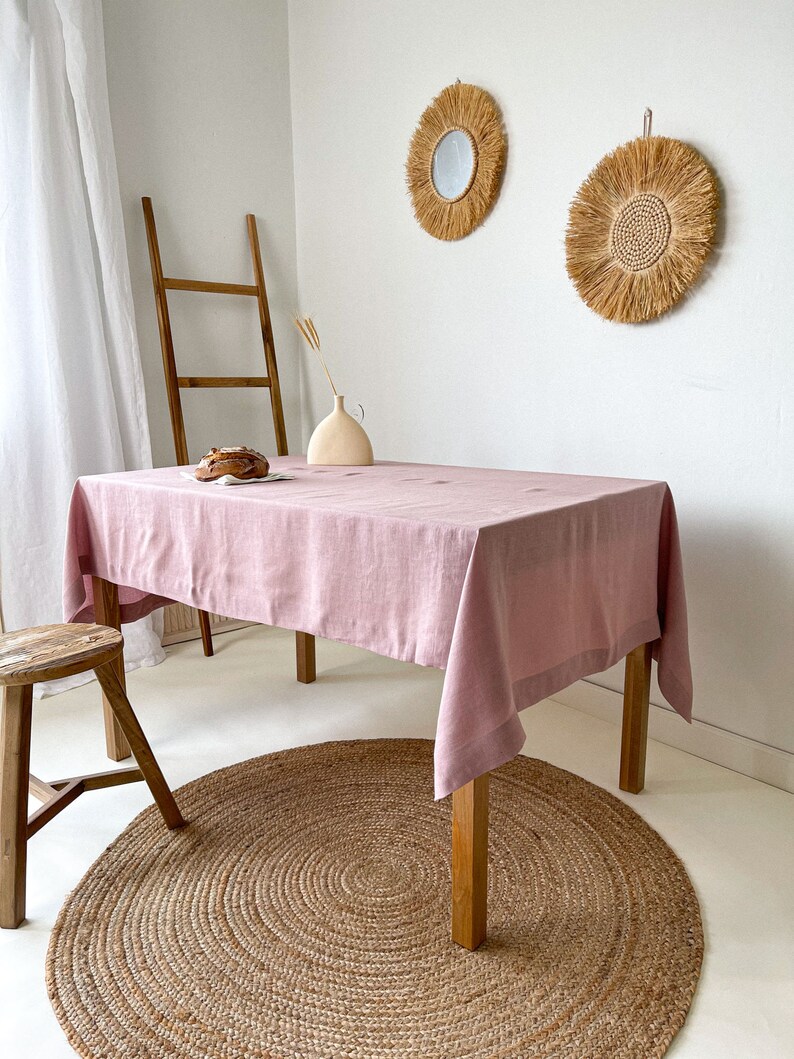 Handmade Linen Tablecloth, Vintage Tablecloth, Boho Table Cover, Farmhouse Tablecloth, European Flax Tablecloth Pink