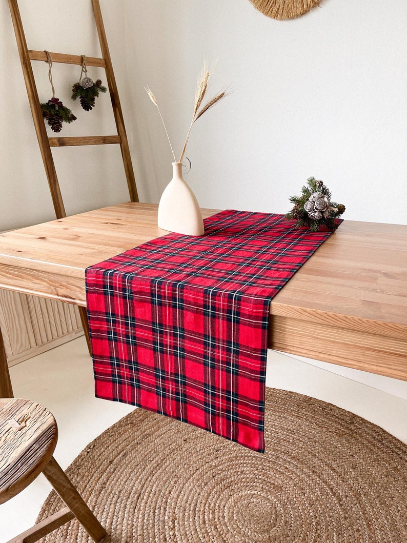 Linen Table Runner with Mitered Corners, Sustainable Table Decor in Various Sizes and Colors Tartan