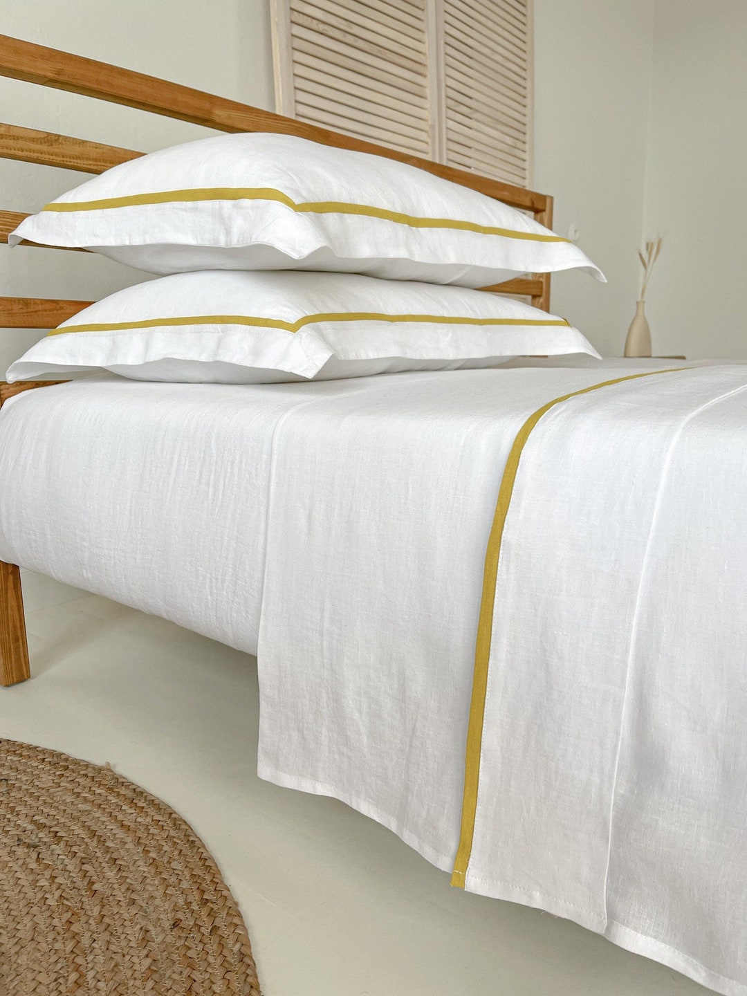 Pillowcase With Border in White With Trim in Yellow, Organic Linen Sham