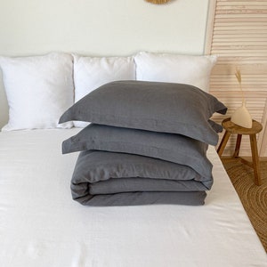 Linen Duvet Cover set in Charcoal dark gray,Twin, King, Queen, Double in Various Sizes, Sustainable Flax Bedding 2 pillowcases Pillow Shams