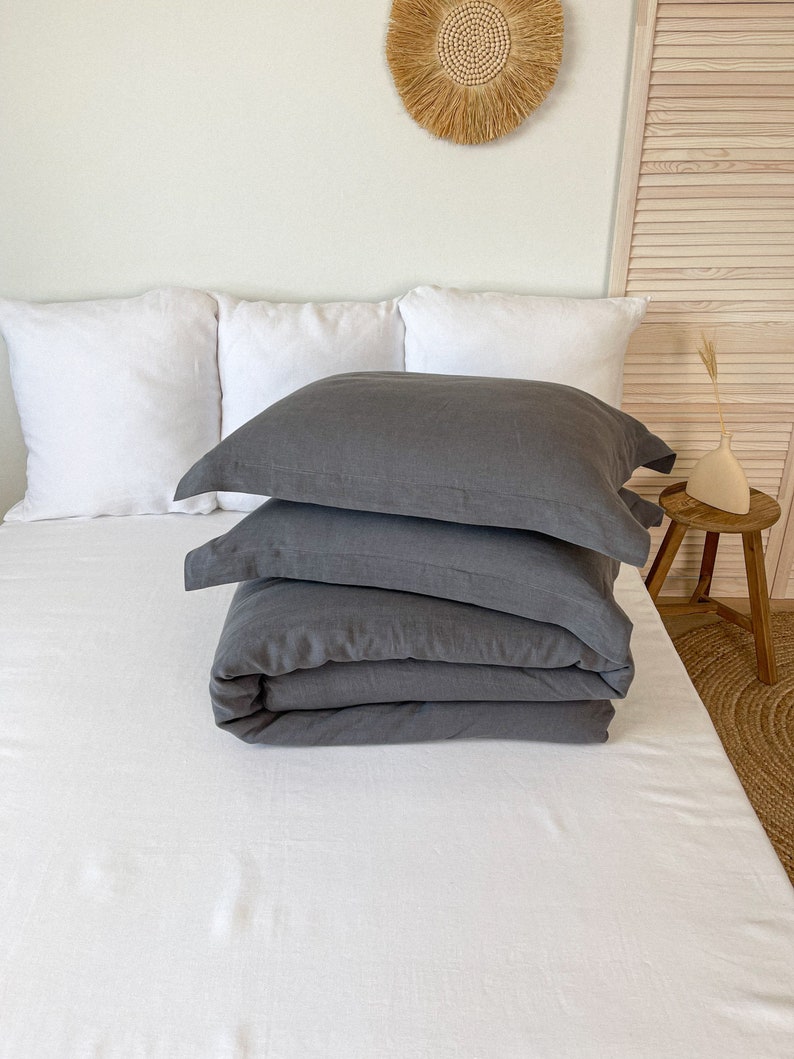 Linen Duvet Cover set in Charcoal dark gray,Twin, King, Queen, Double in Various Sizes, Sustainable Flax Bedding 2 pillowcases Pillow Shams