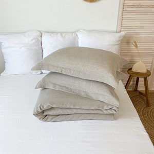 Beige Leinen Bettwäsche Set, Leinen Bettbezug und zwei Leinen Kissenbezüge, Gewaschene Leinen Bettwäsche, Natürliche Flachs Bettwäsche, Queen King Größen Pillow Shams