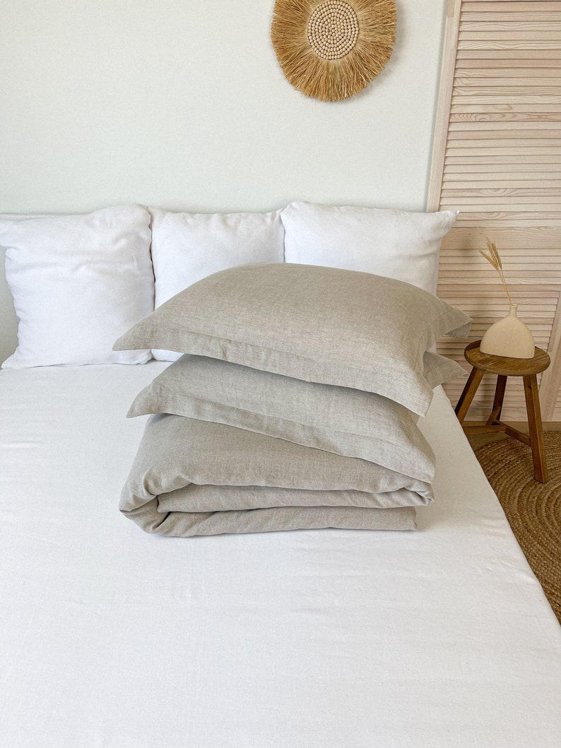 Beige Linen Bedding Set, Linen Duvet Cover and Two Linen Pillowcases, Washed Linen Bedding, Natural Flax Bedding, Queen King sizes Pillow Shams