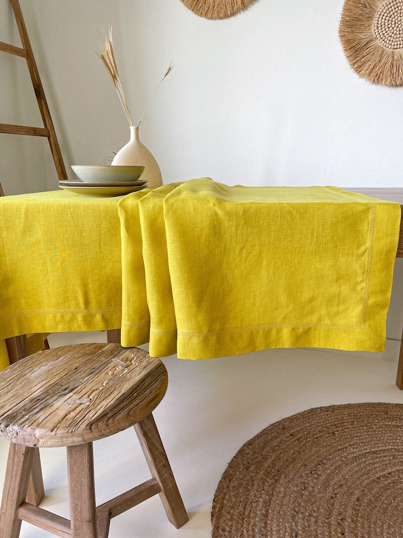 Washed Linen Tablecloth with Hemstitch, Vintage Table Cover, Rectangular, Square, Small, Large, Custom in Various Sizes and Colors Yellow