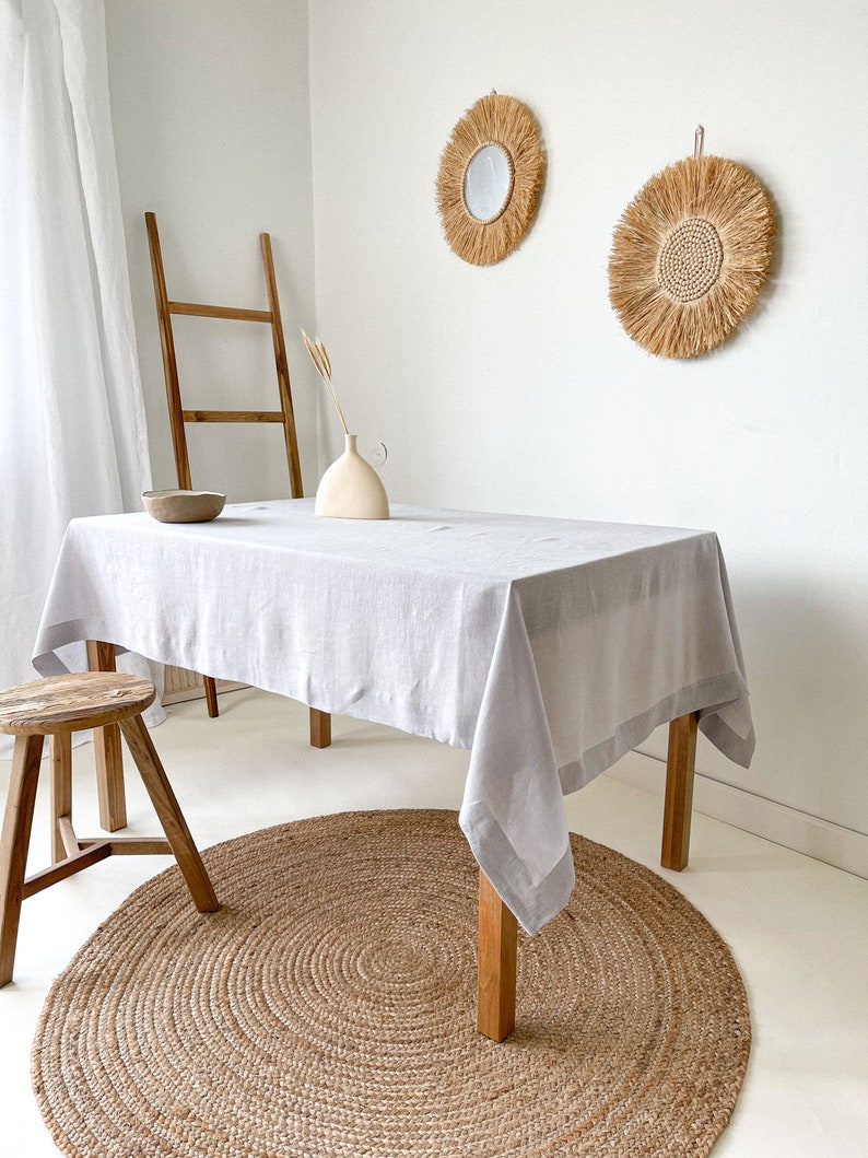 Handmade Linen Tablecloth, Vintage Tablecloth, Boho Table Cover, Farmhouse Tablecloth, European Flax Tablecloth Light Gray