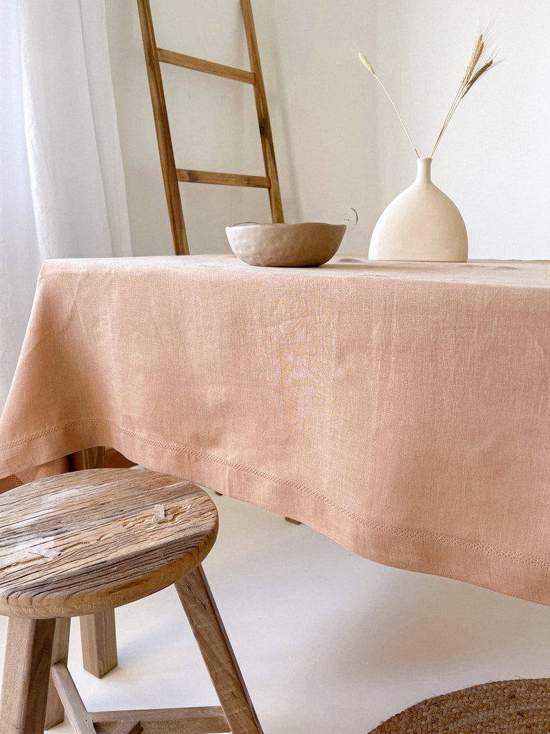 Linen Table Cloth in Tan with Hemstitch, Earth Tone Table Decor, 100% European Flax Table Cover, Textured Tableware, Square, Rectangle Size image 3