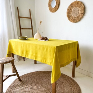 Handmade Linen Tablecloth, Vintage Tablecloth, Boho Table Cover, Farmhouse Tablecloth, European Flax Tablecloth Yellow