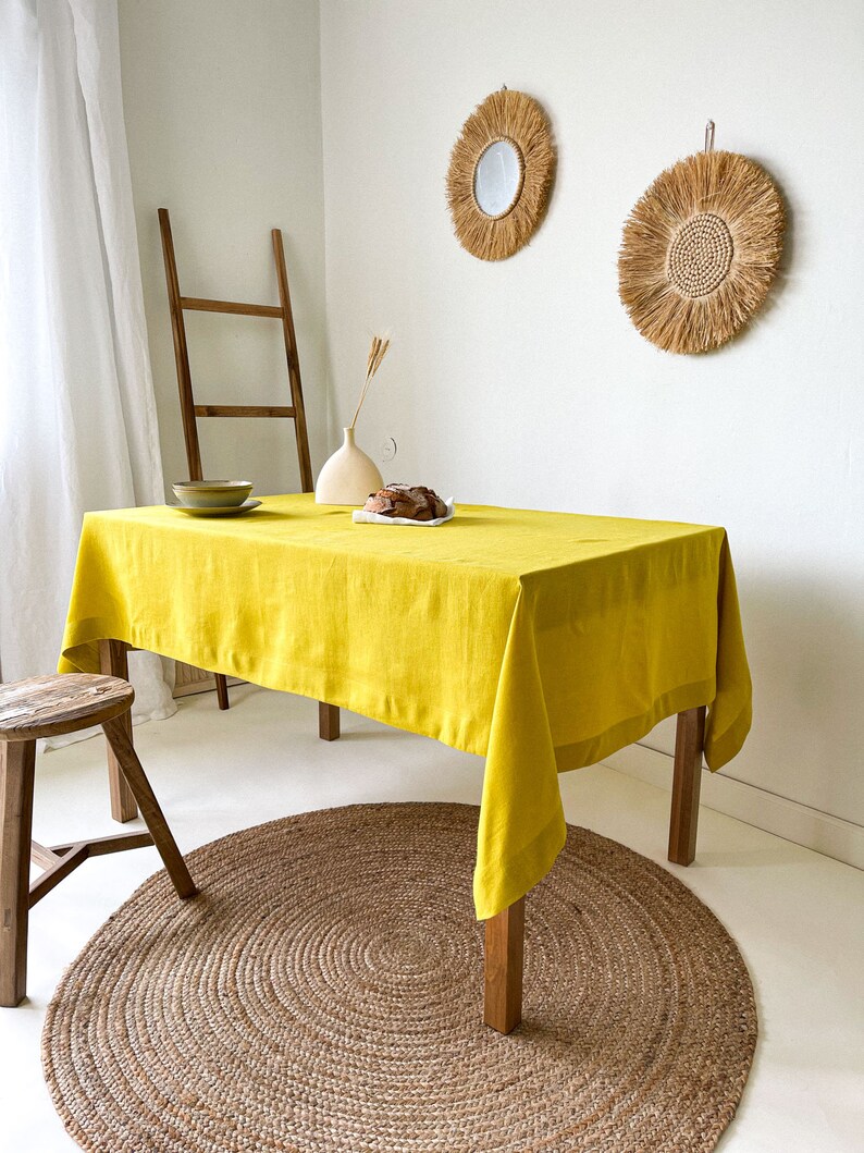 Handmade Linen Tablecloth, Vintage Tablecloth, Boho Table Cover, Farmhouse Tablecloth, European Flax Tablecloth Yellow