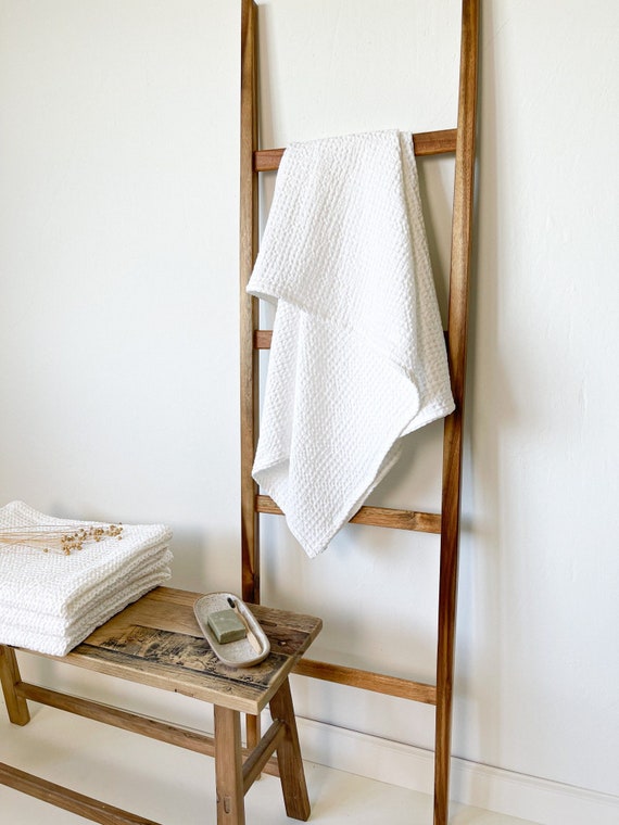 White Waffle Towel Set, Bathroom Towel, Linen Body Towel, Large