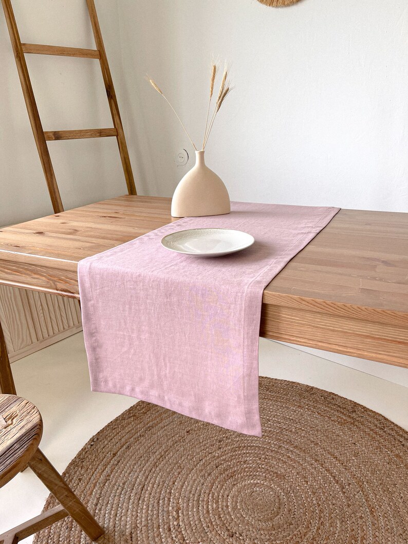 Linen Table Runner with Mitered Corners, Sustainable Table Decor in Various Sizes and Colors Pink