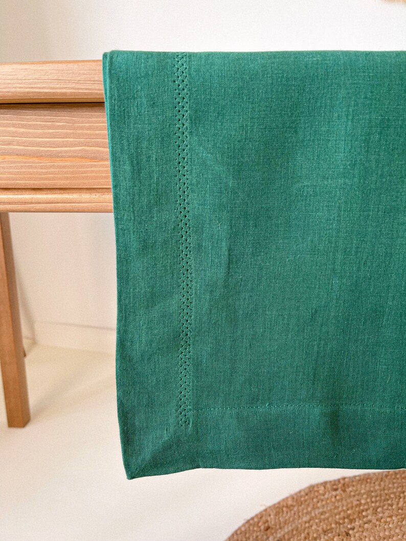 Forest Green Linen Tablecloth with Hemstitch, Handmade Table Cover, Rectangular, Square, Custom in Various Sizes image 2