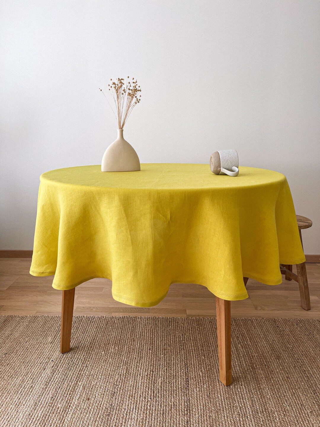 Large Round Linen Tablecloth With Hemstitch, Natural Flax Table Cloth