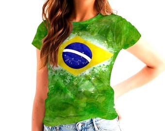 Women's Brazil Flag Art T-Shirt, Soccer Football Fan Tee, World Cup Outfit