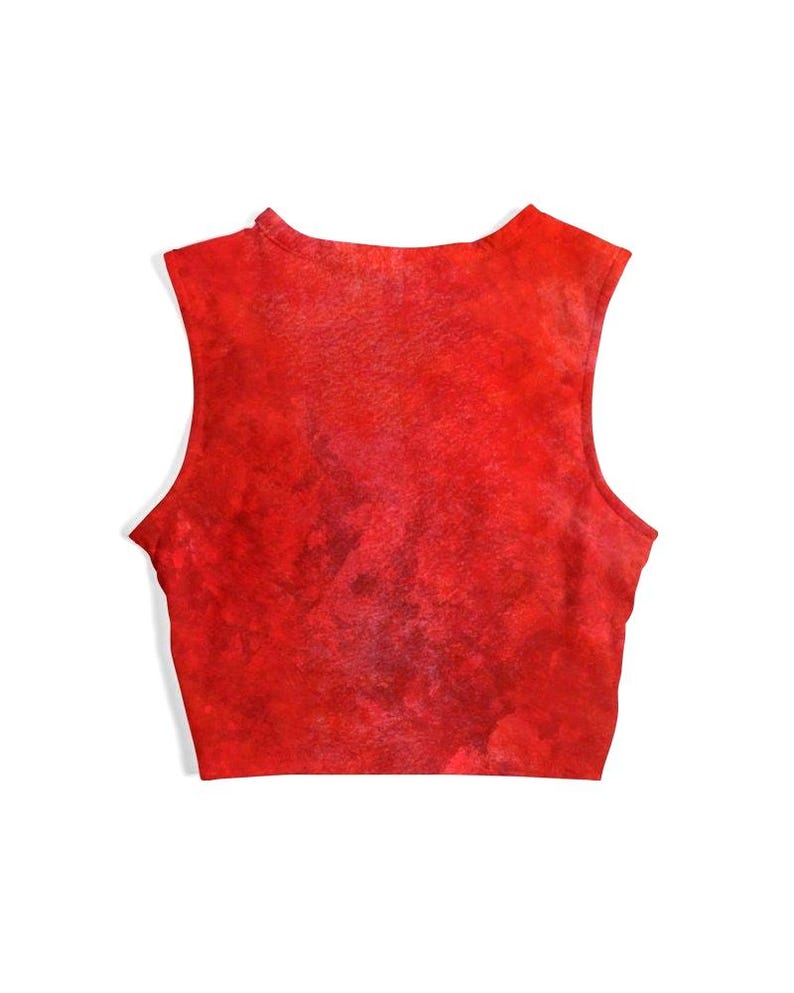 May include: A sleeveless, cropped top in a vibrant red hue. The fabric has a textured appearance, with darker red and maroon accents throughout. The top features a high neckline and a cropped length, suitable for warm weather.