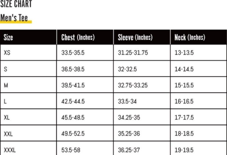 May include: A size chart for men's tees, with measurements in inches. The chart includes sizes XS to XXXL, detailing chest, sleeve, and neck measurements for each size. The text is in a clear, easy-to-read format.