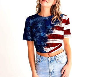 USA Flag Art Crop Top, Women's Patriotic Twist-Front Tee, World Cup Outfit, 4th of July