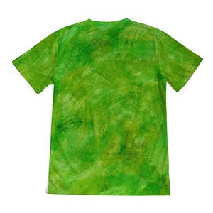 May include: A short-sleeved t-shirt with a vibrant green abstract design. The shirt's pattern features a blend of light and dark green hues, creating a textured, watercolor-like effect. The overall aesthetic is artistic and eye-catching.