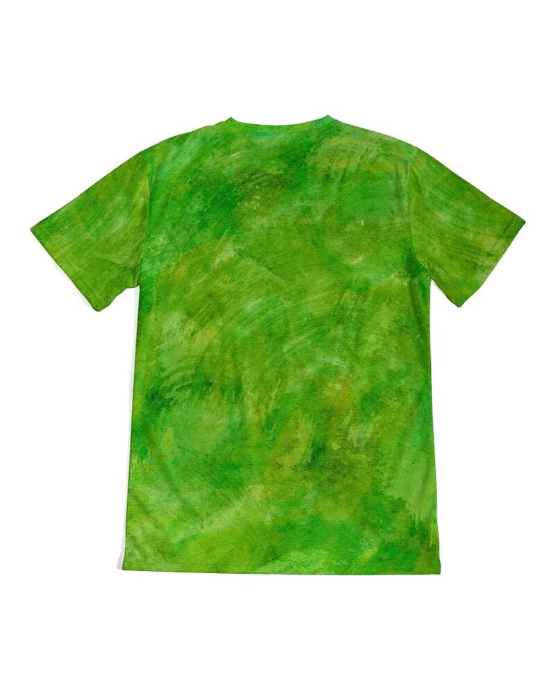 May include: A short-sleeved t-shirt with a vibrant green abstract design. The shirt's pattern features a blend of light and dark green hues, creating a textured, watercolor-like effect. The overall aesthetic is artistic and eye-catching.