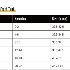 May include: Size chart for a Women's Twist-Front Tank. The chart includes sizes XS to XXL, with corresponding numerical sizes and bust measurements in inches, ranging from 31.5 to 48 inches.