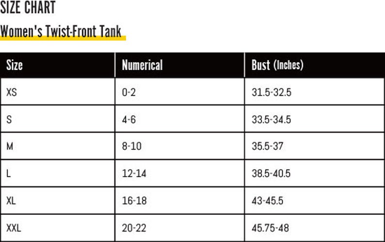 May include: Size chart for a Women's Twist-Front Tank. The chart includes sizes XS to XXL, with corresponding numerical sizes and bust measurements in inches, ranging from 31.5 to 48 inches.